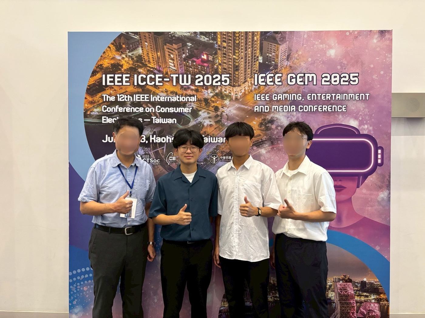 Yao-Wen Hsieh with teammates and advisor at the IEEE ICCE-Taiwan 2025 backdrop